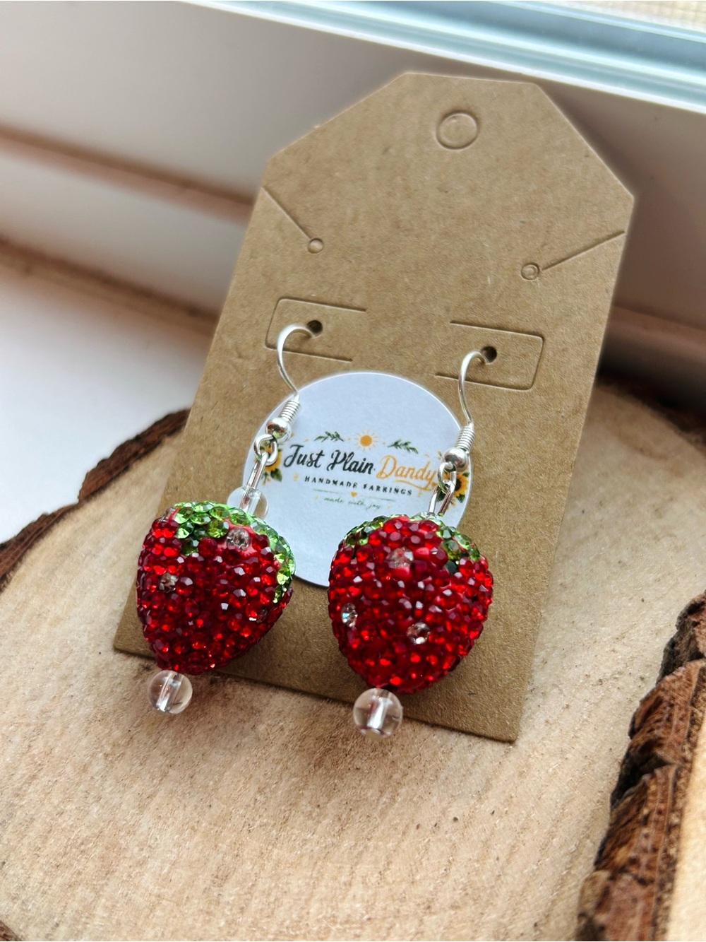 Handmade Strawberry Rhinestone Dangle Earrings NWT Cute Kawaii - Picture 3 of 4
